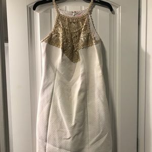 Lilly Pulitzer white and gold shift dress.